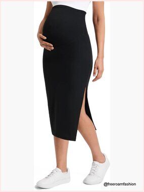 Maternity Side Split Midi Skirt Butterluxe Stretchy Soft Pencil